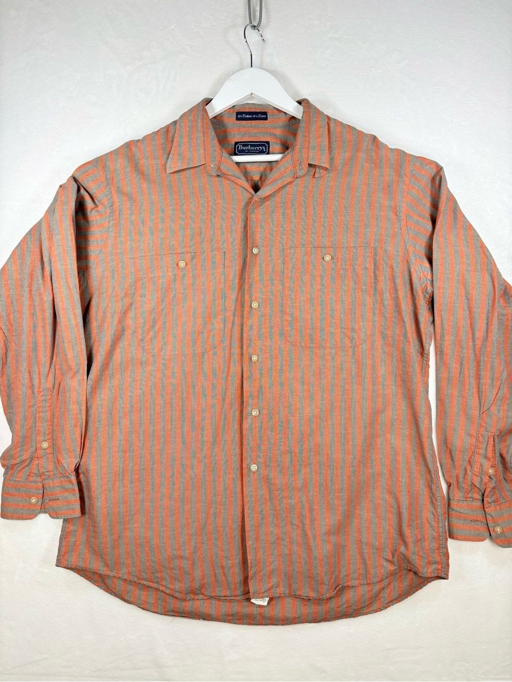 Vintage Burberrys of London Shirt Mens L Orange Gray Stripe Cotton Linen USA